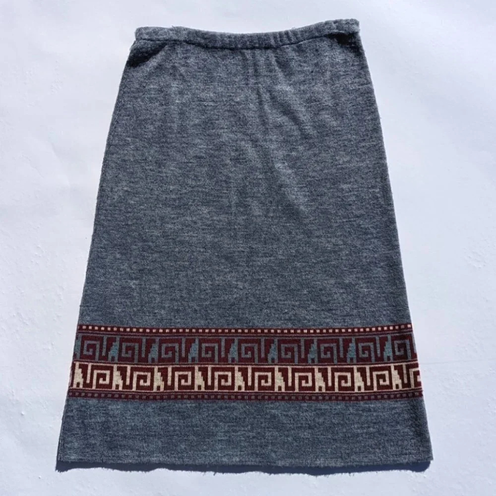 Vintage Blue Knit Long Skirt with Burgundy Pattern - Creations Isadora Small